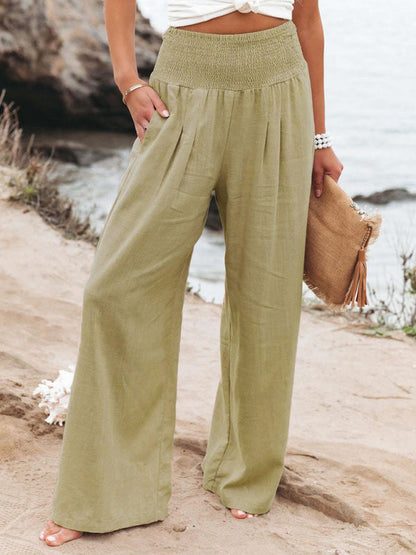 Smocked High Waist Cotton Textured Palazzo Pants for Summer