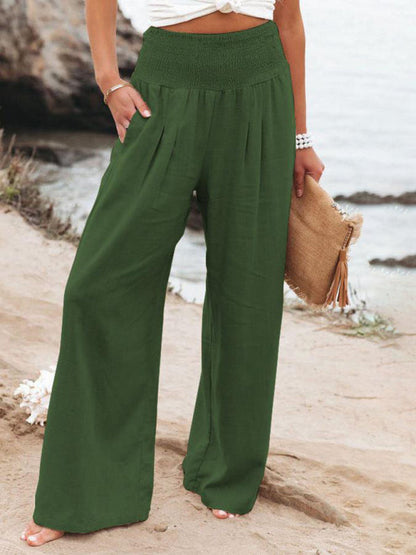 Smocked High Waist Cotton Textured Palazzo Pants for Summer