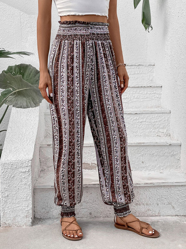 Summer Pants- Women's High Smocked Waist Pencil Pants- - IndioGear Fashion and Gear