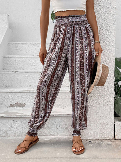 Summer Pants- Women's High Smocked Waist Pencil Pants- Brown- IndioGear Fashion and Gear