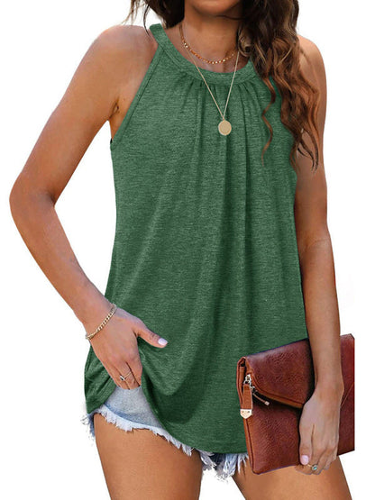 Summer Tops- Solid Flowy Sleeveless Halter Tank Top in Solid Cotton- Green- IndioGear Fashion and Gear