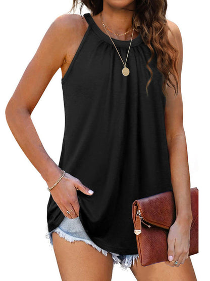 Summer Tops- Solid Flowy Sleeveless Halter Tank Top in Solid Cotton- Black- IndioGear Fashion and Gear