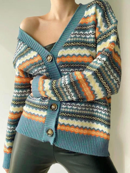 Sweater Cardigans- Autumn Fair Isle Button-Up Sweater Knit Cardigan- Blue- IndioGear Clothing and Gear