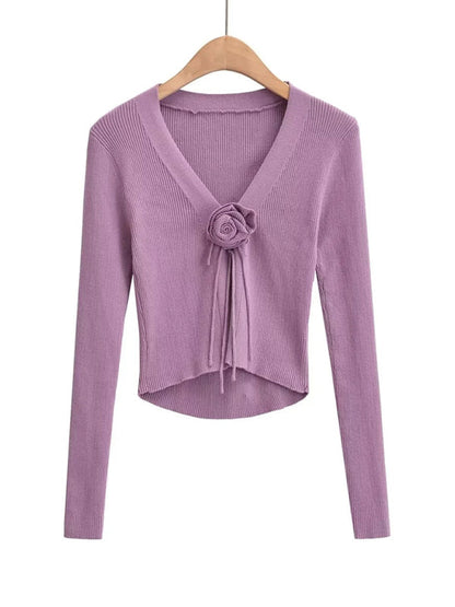 Sweater Cardigans- Fall Flower V-Neck Cardigan Sweater | Charming Blossom Knit Sweater For Winter- Purple- IndioGear Clothing and Gear