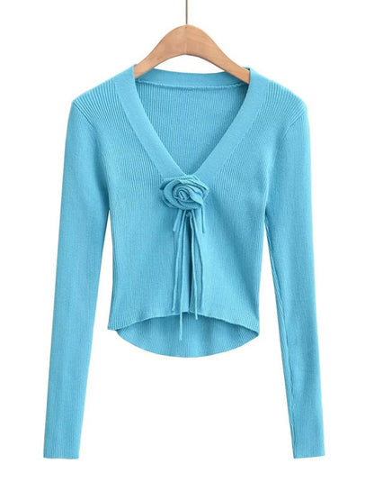 Sweater Cardigans- Fall Flower V-Neck Cardigan Sweater | Charming Blossom Knit Sweater For Winter- Blue- IndioGear Clothing and Gear