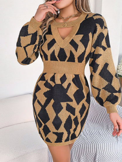 Autumn Abstract Long Sleeve Nipped Waist Sweater Dress | Sweater Dresses | Pekosa Women Clothing