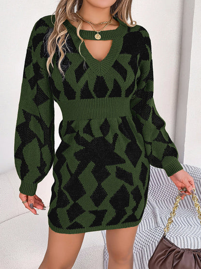 Autumn Abstract Long Sleeve Nipped Waist Sweater Dress | Sweater Dresses | Pekosa Women Clothing