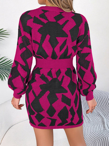 Autumn Abstract Long Sleeve Nipped Waist Sweater Dress | Sweater Dresses | Pekosa Women Clothing