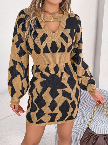 Autumn Abstract Long Sleeve Nipped Waist Sweater Dress | Sweater Dresses | Pekosa Women Clothing