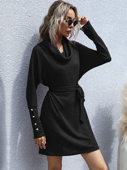 Sweater Dresses- Autumn Solid Knit Cowl Neck Sweater Tie-Waist Dress- - IndioGear Clothing and Gear