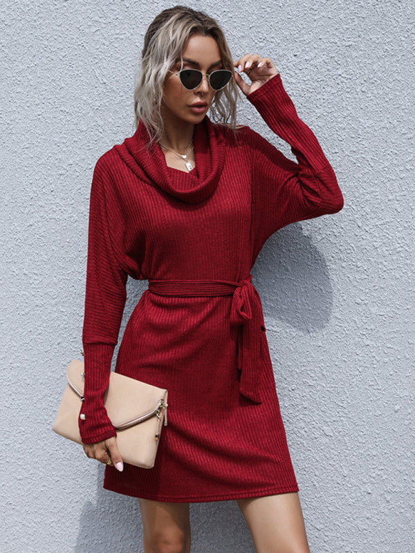 Sweater Dresses- Autumn Solid Knit Cowl Neck Sweater Tie-Waist Dress- Wine Red- IndioGear Clothing and Gear