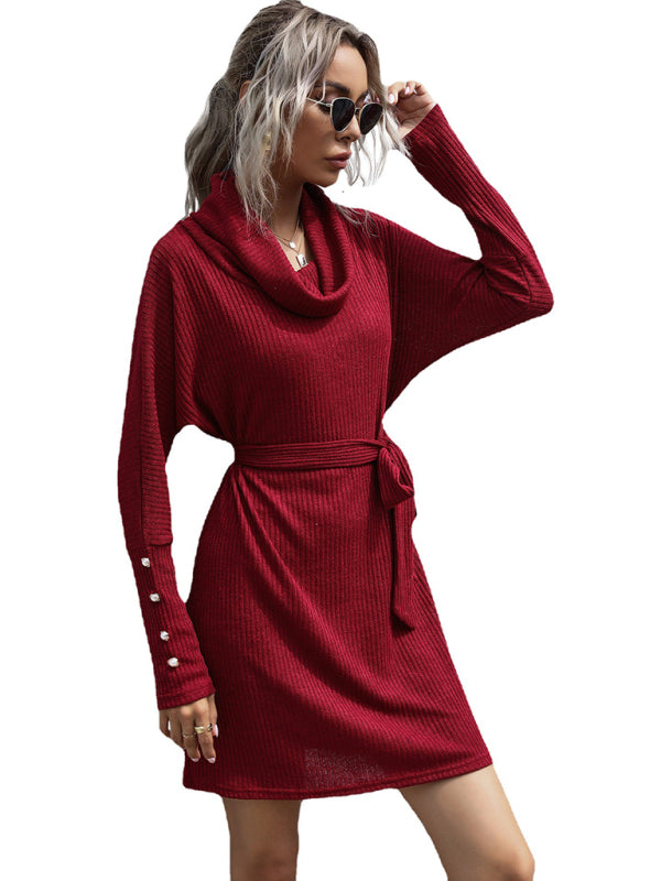 Sweater Dresses- Autumn Solid Knit Cowl Neck Sweater Tie-Waist Dress- - IndioGear Clothing and Gear