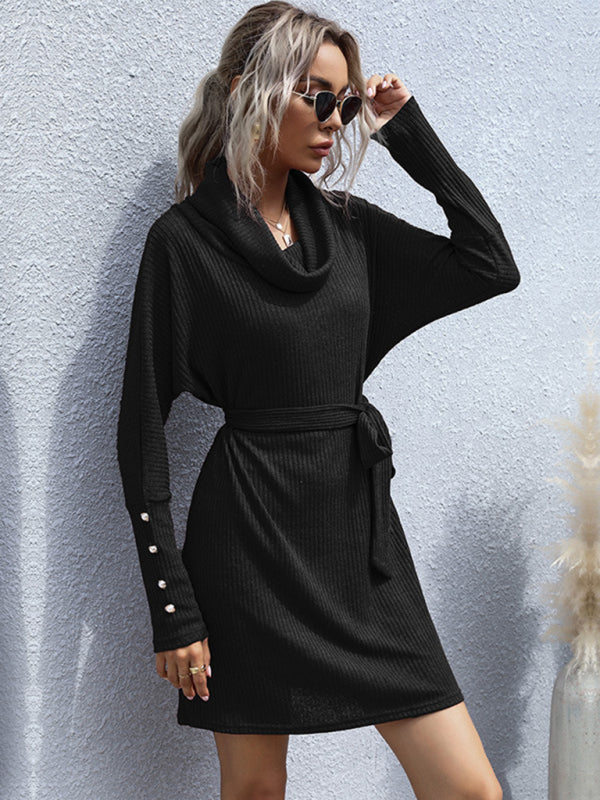 Sweater Dresses- Autumn Solid Knit Cowl Neck Sweater Tie-Waist Dress- Black- IndioGear Clothing and Gear