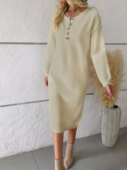 Sweater Dresses- Casual Knit Seam Half-Button Round Neck Sweater Dress- - IndioGear Clothing and Gear