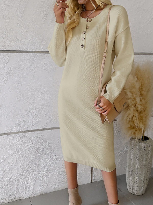 Sweater Dresses- Casual Knit Seam Half-Button Round Neck Sweater Dress- Cracker khaki- IndioGear Clothing and Gear