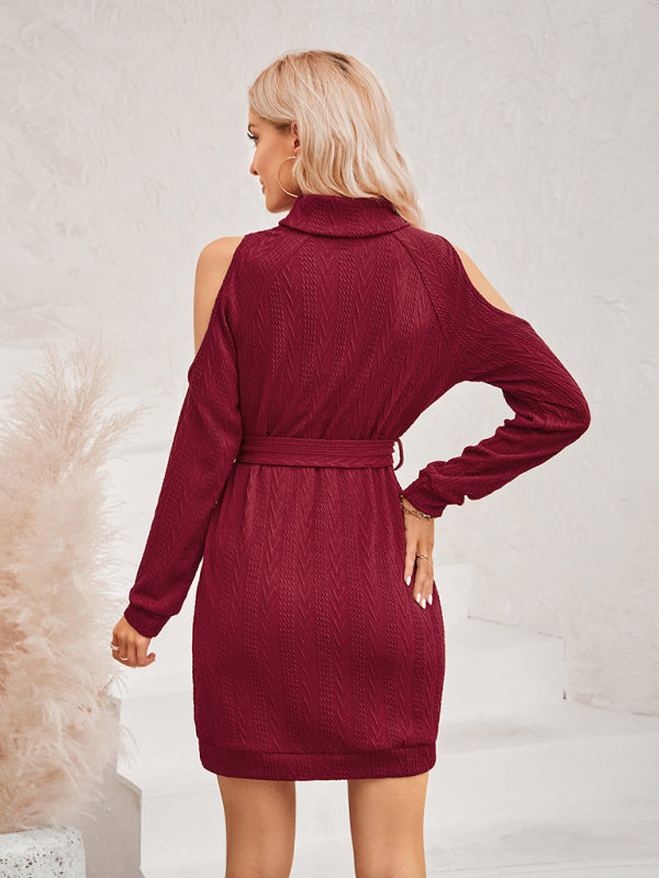 Sweater Dresses- Cozy Knitted Cold Shoulder High Neck Sweater Dress with Belt- - IndioGear Fashion and Gear