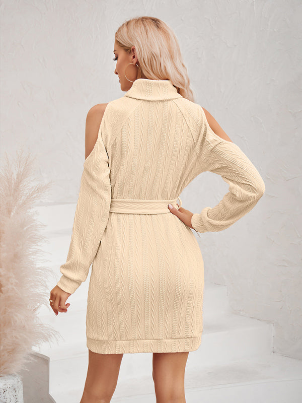 Sweater Dresses- Cozy Knitted Cold Shoulder High Neck Sweater Dress with Belt- - IndioGear Fashion and Gear