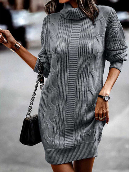 Sweater Dresses-Cozy Turtleneck Jumper | Cable Knit Mid-Length Sweater Dress-Pekosa Women Clothing