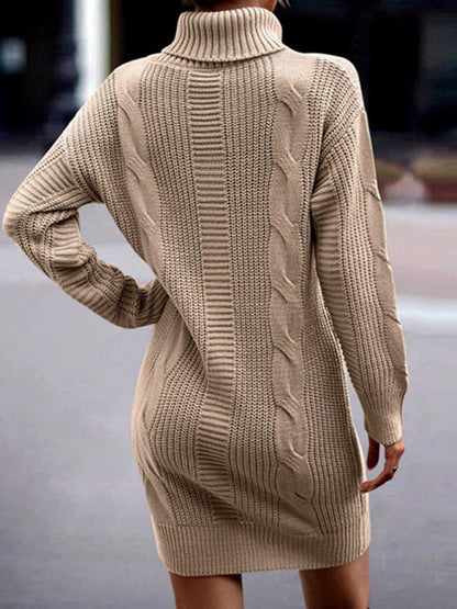 Sweater Dresses-Cozy Turtleneck Jumper | Cable Knit Mid-Length Sweater Dress-Pekosa Women Clothing