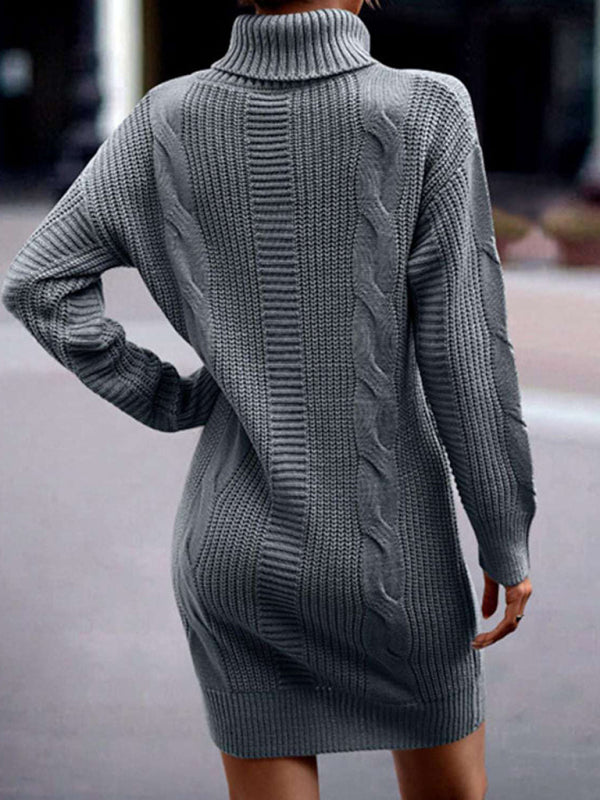 Sweater Dresses-Cozy Turtleneck Jumper | Cable Knit Mid-Length Sweater Dress-Pekosa Women Clothing