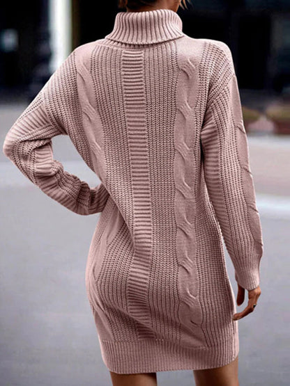 Sweater Dresses-Cozy Turtleneck Jumper | Cable Knit Mid-Length Sweater Dress-Pekosa Women Clothing