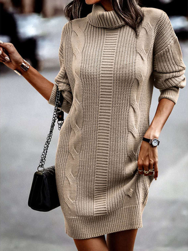 Sweater Dresses-Cozy Turtleneck Jumper | Cable Knit Mid-Length Sweater Dress-Pekosa Women Clothing