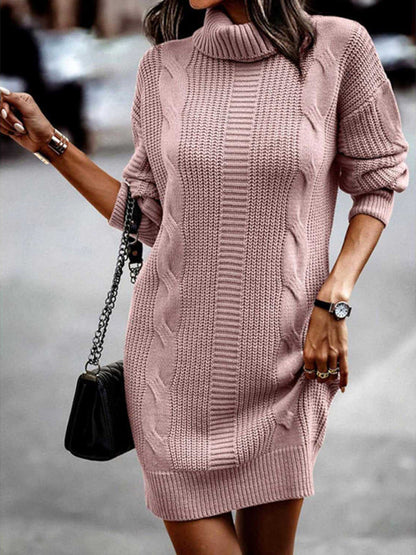 Sweater Dresses-Cozy Turtleneck Jumper | Cable Knit Mid-Length Sweater Dress-Pekosa Women Clothing