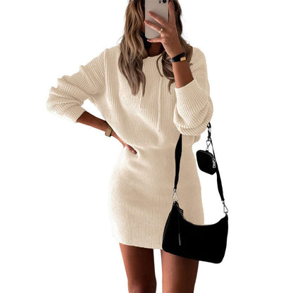 Sweater Dresses- Hooded Hug: Ribbed Knit Bodycon Blouson Sweater Dress- White- IndioGear Clothing and Gear