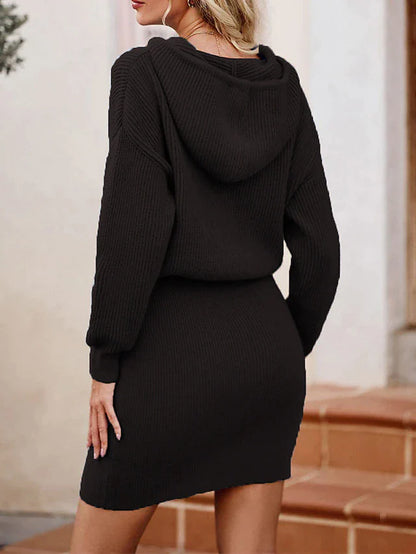 Sweater Dresses- Hooded Hug: Ribbed Knit Bodycon Blouson Sweater Dress- - IndioGear Clothing and Gear