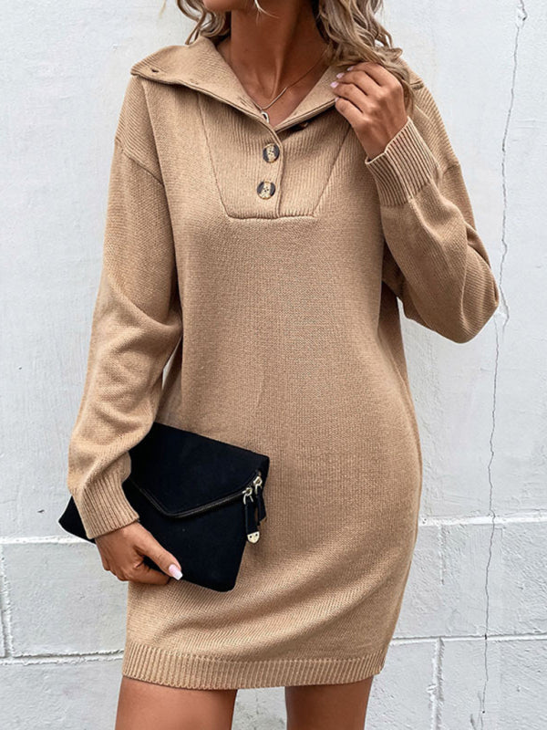 Sweater Dresses- Knit Sweater Dress with Ribbed Accents - Button-Down knitwear- - Pekosa Women Clothing