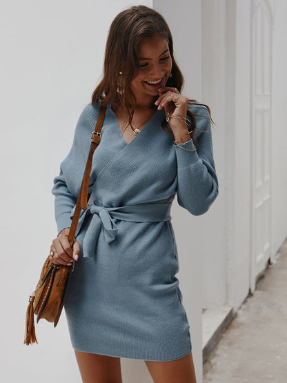 Sweater Dresses- Knitting Cotton Surplice V-Neck Belted Sweater Dress with Bat Sleeves- - IndioGear Fashion and Gear