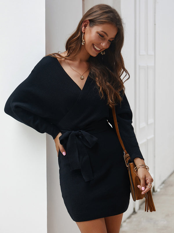 Sweater Dresses- Knitting Cotton Surplice V-Neck Belted Sweater Dress with Bat Sleeves- - IndioGear Fashion and Gear