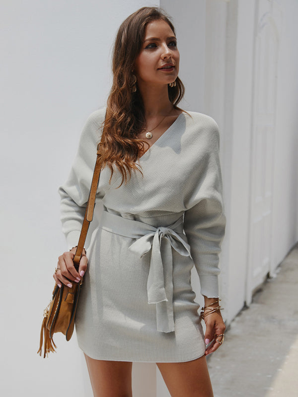 Sweater Dresses- Knitting Cotton Surplice V-Neck Belted Sweater Dress with Bat Sleeves- - IndioGear Fashion and Gear