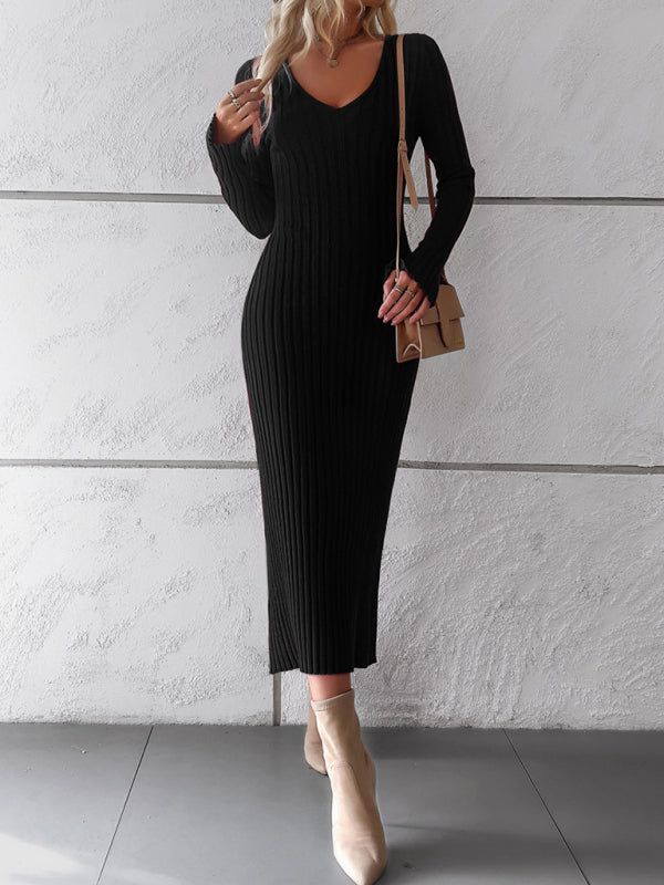 Sweater Dresses-Knitwear V-Neck Ribbed Sweater Maxi Dress-Pekosa Women Clothing