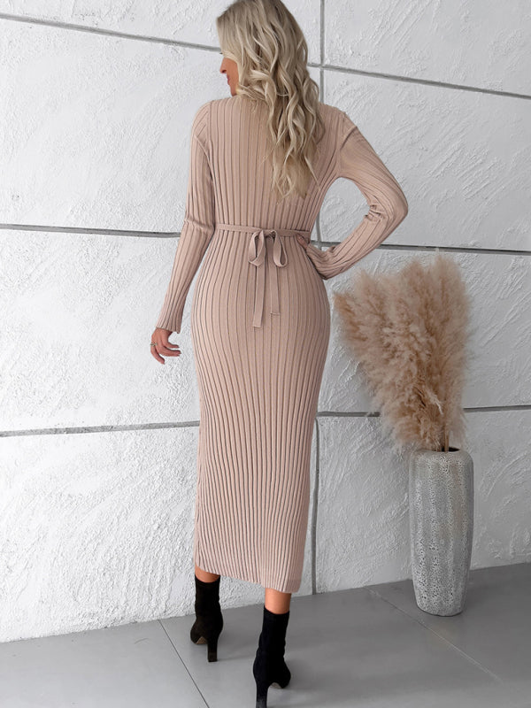 Sweater Dresses-Knitwear V-Neck Ribbed Sweater Maxi Dress-Pekosa Women Clothing