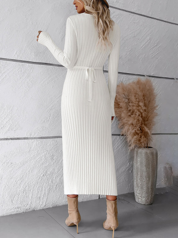 Sweater Dresses-Knitwear V-Neck Ribbed Sweater Maxi Dress-Pekosa Women Clothing