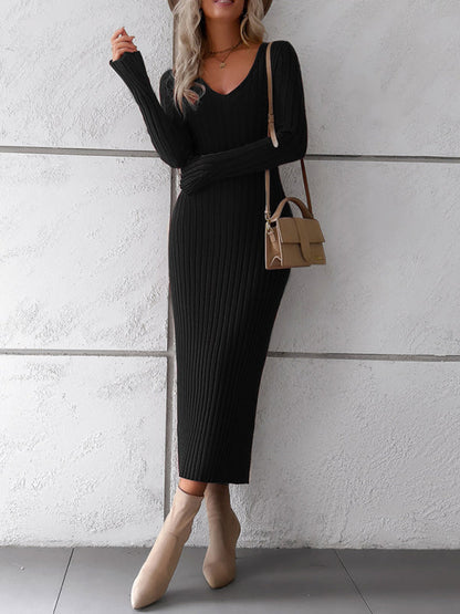 Sweater Dresses-Knitwear V-Neck Ribbed Sweater Maxi Dress-Pekosa Women Clothing