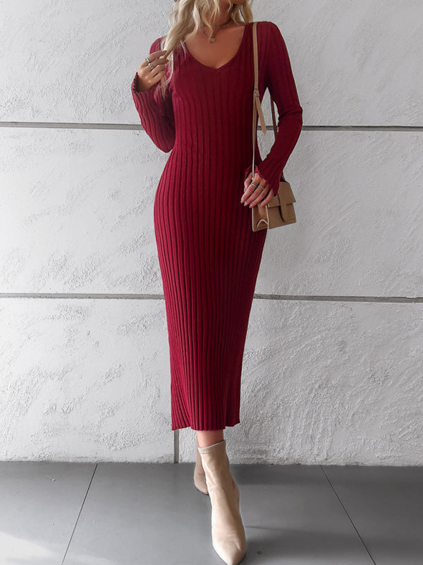 Sweater Dresses-Knitwear V-Neck Ribbed Sweater Maxi Dress-Pekosa Women Clothing