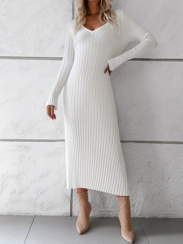 Sweater Dresses-Knitwear V-Neck Ribbed Sweater Maxi Dress-Pekosa Women Clothing