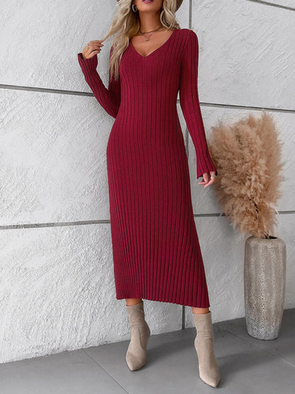 Sweater Dresses-Knitwear V-Neck Ribbed Sweater Maxi Dress-Pekosa Women Clothing