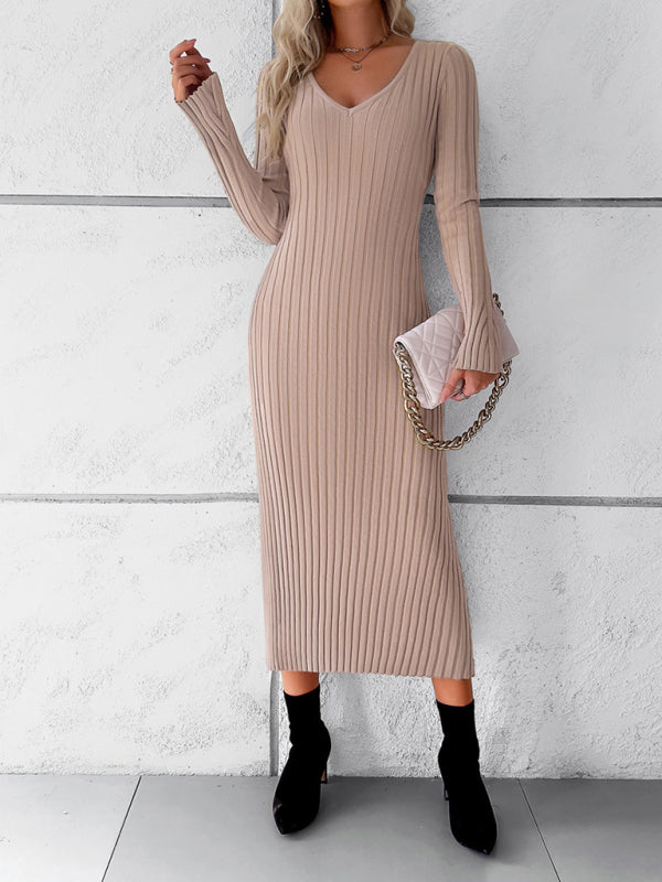 Sweater Dresses-Knitwear V-Neck Ribbed Sweater Maxi Dress-Pekosa Women Clothing