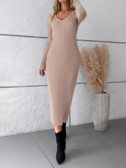 Sweater Dresses-Knitwear V-Neck Ribbed Sweater Maxi Dress-Pekosa Women Clothing