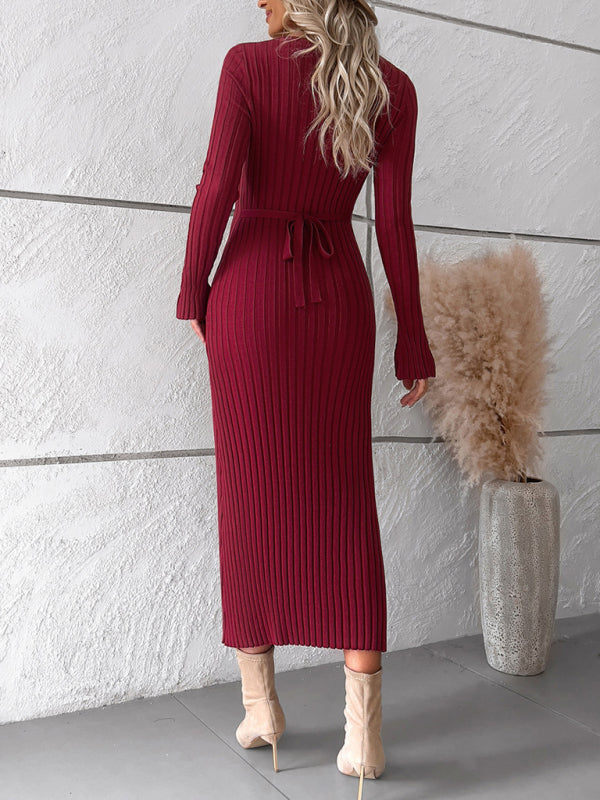 Sweater Dresses-Knitwear V-Neck Ribbed Sweater Maxi Dress-Pekosa Women Clothing