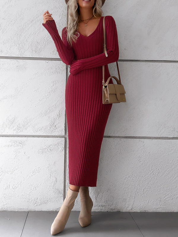 Sweater Dresses-Knitwear V-Neck Ribbed Sweater Maxi Dress-Pekosa Women Clothing