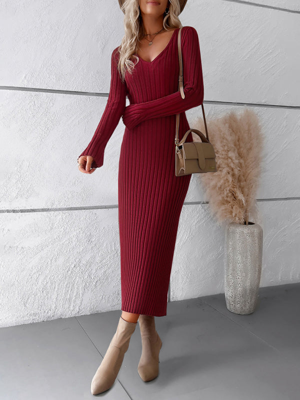 Sweater Dresses-Knitwear V-Neck Ribbed Sweater Maxi Dress-Pekosa Women Clothing