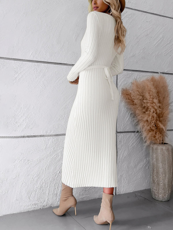 Sweater Dresses-Knitwear V-Neck Ribbed Sweater Maxi Dress-Pekosa Women Clothing