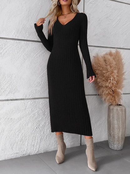 Sweater Dresses-Knitwear V-Neck Ribbed Sweater Maxi Dress-Pekosa Women Clothing