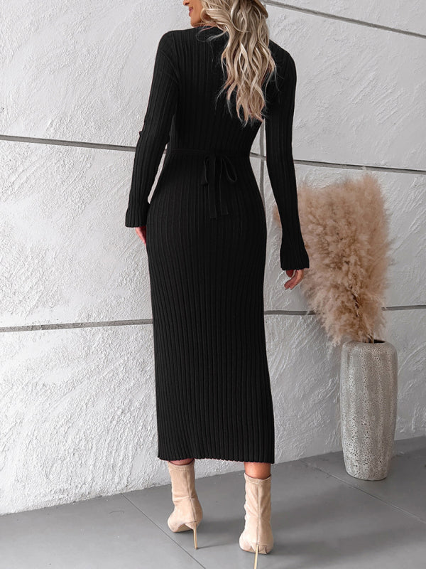 Sweater Dresses-Knitwear V-Neck Ribbed Sweater Maxi Dress-Pekosa Women Clothing