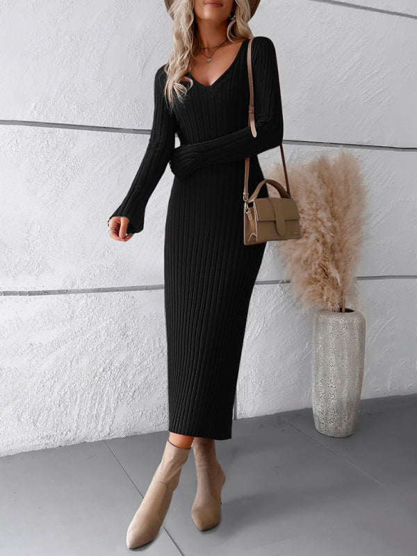 Sweater Dresses-Knitwear V-Neck Ribbed Sweater Maxi Dress-Pekosa Women Clothing