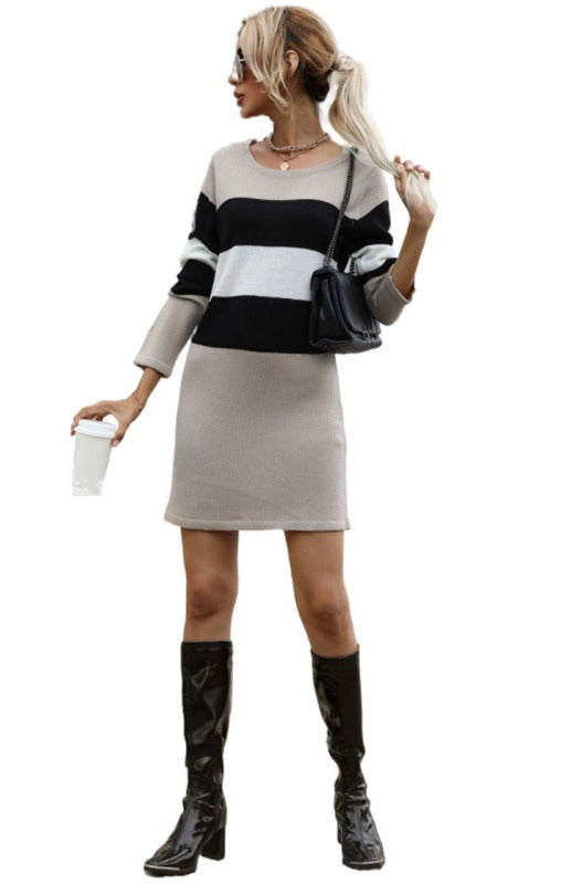 Sweater Dresses- Striped Knitwear Dress - Straight Long Sweater- - Pekosa Women Clothing